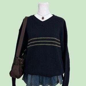 navy blue LL Bean 90s striped wool blend sweater